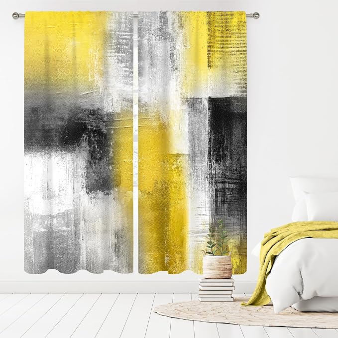 MESHELLY Yellow Grey Curtains 42Wx63H Inch Rod Pocket Abstract Geometric Square Watercolor Blocks Contemporary Oil Paint Bedroom Window Drapes Colorful Aesthetic Printed Living Room Window Treatment