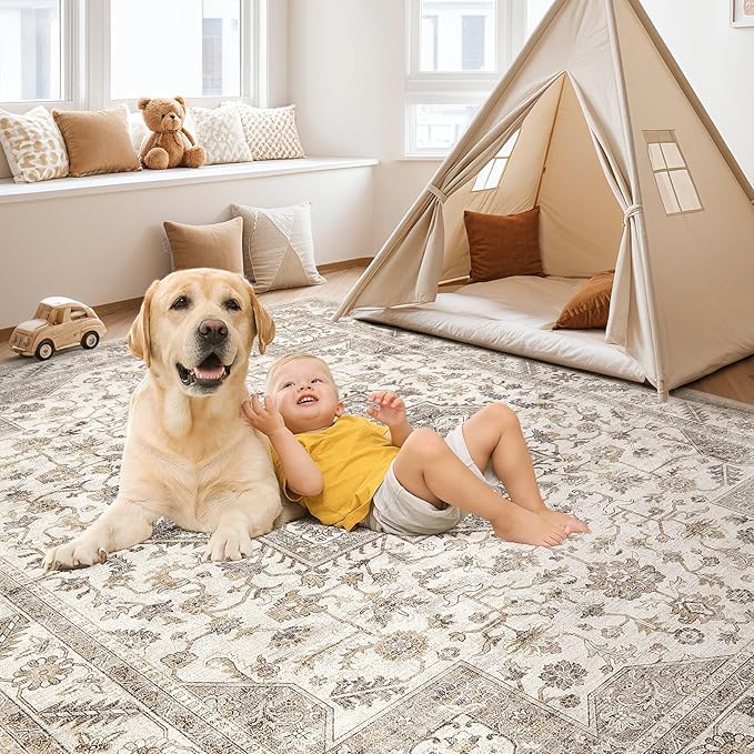 Vintage Living Room Area Rug 9X13 - Large Soft Washable Oriental Traditional Distressed Farmhouse Rugs for Bedroom - Indoor Floor Accent Carpet for Home Office House Decor - Light Brown