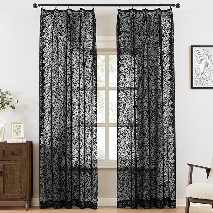 Bujasso Black Lace Pinch Pleat Curtains 108 inch,Gothic Vintage Floral Sheer Drapes with Hooks & Rings,Damask Scalloped Edge Light Filtering Window Panels for Bedroom Living Room, 40" Wx108 Lx2