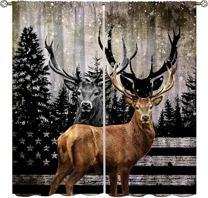 Rustic Hunting Deer Blackout Curtains Vintage American Flag Forest Hunting Cabin Rustic Deer Wildlife Windows Treatments Rod Pocket for Kitchen Living Room Bedroom 42x63in