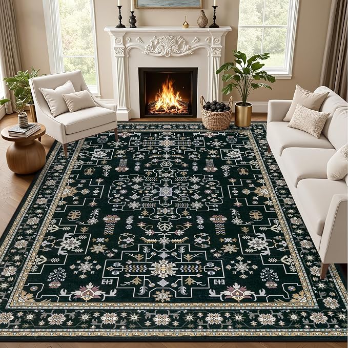 8x10 Area Rugs for Living Room: Washable Rug Soft Vintage Boho Medallion Carpet Indoor Floor Non-Slip Stain Resistant Large Carpets for Bedroom Dining Room Farmhouse Nursery Home Office Black