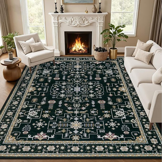 8x10 Area Rugs for Living Room: Washable Rug Soft Vintage Boho Medallion Carpet Indoor Floor Non-Slip Stain Resistant Large Carpets for Bedroom Dining Room Farmhouse Nursery Home Office Black