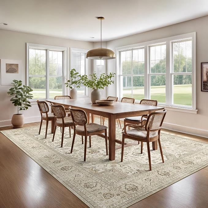 Roxstand Washable Rugs 9x12, Large Area Rugs 9x12 Living Room with Non-Slip Backing, Super-Soft Floral Vintage Rug, Low Pile Area Rug for Bedroom, Dining Room, Office (Ivory/Beige, 9'x12')