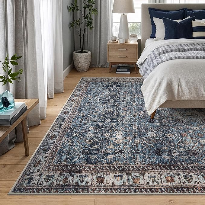 Bloom Rugs Washable Non-Slip 6' x 9' Rug - Blue/Beige Traditional Area Rug for Living Room, Bedroom, Dining Room, and Kitchen - Exact Size: 6' x 9'