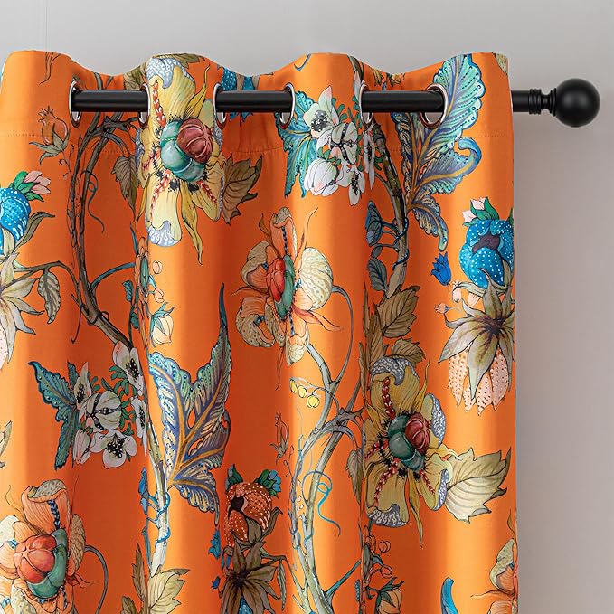 MYSKY HOME Orange Floral 95% Blackout Curtains 54 Inches Long for Small Window Thermal Insulated Light Blocking Drapes Grommet Country Coquette Window Panels, 2 Pcs, 52" Wide
