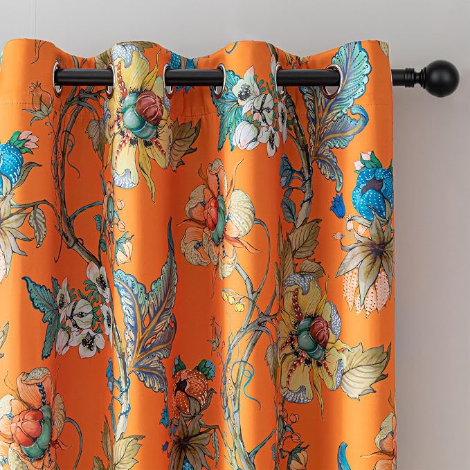 MYSKY HOME Floral Blackout Orange Curtains 45 Inch Length Bedroom Black Out Thermal Insulated Room Darkening Curtain Printed Flower Vintage Style Grommet Window Panels, Pack-2