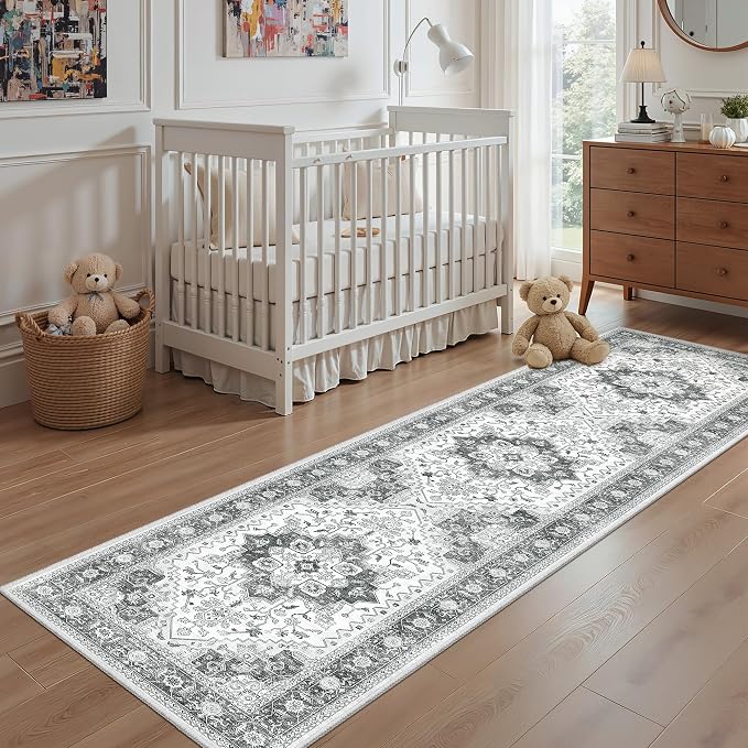 Runner Rug 2'x8' Washable Vintage Area Rugs for Hallway Non Slip Laundry Rug Runner Boho Floor Carpet Runners for Entryway Laundry Room Kitchen Bathroom (2'x8',Grey)