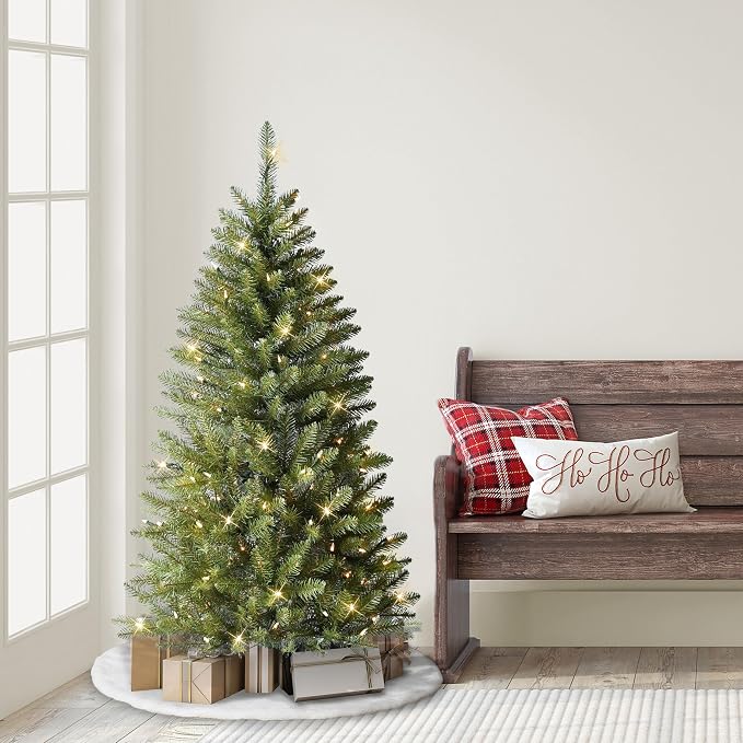 Puleo International 4.5ft Pre-Lit Fraser Fir Pencil Christmas Tree with 150 Clear Lights, 401 Realistic Dense Branch Tips, Easy Setup Artificial Trees with Sturdy Metal Stand