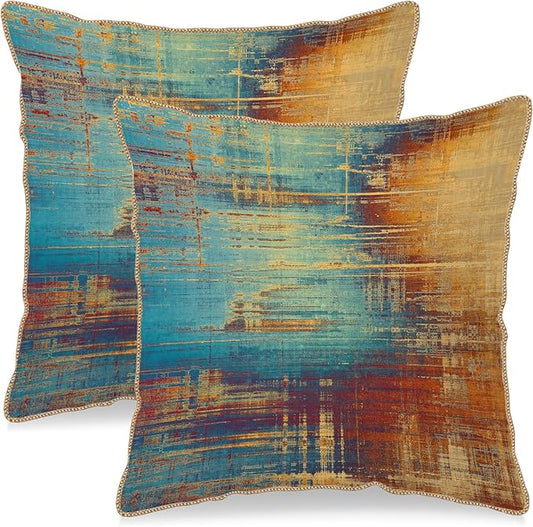 KSLIDS Vintage Abstract Soft Velvet Throw Pillow Covers Set of 2 Blue Orange Messy Rust Painting Decorative Pillow Covers 16x16 Inch Colorful Art Pillow Case for Sofa Couch Living Room Home Decor