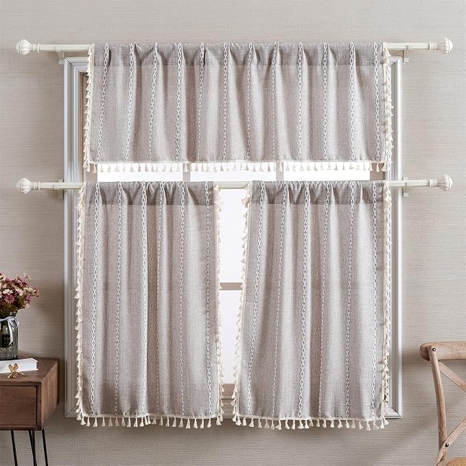 RoomTalks Rustic Farmhouse Kitchen Valances for Windows in Tan, 18’’L x 52’’W Boho Embroidered Striped Vintage Chic French Country Cottage Textured Tassel Curtain Valances for Bathroom Living Room