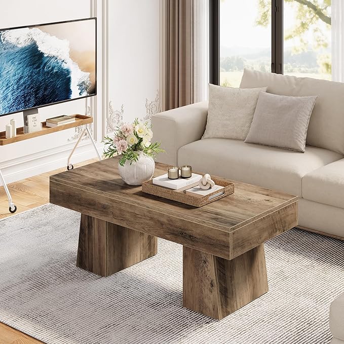 LITTLE TREE Farmhouse Coffee Table, 47 Inches Wooden Rectangular Accent Center Tables with Thick Base, Modern Low Cocktail Tea Furniture for Living Room (Rustic Brown)