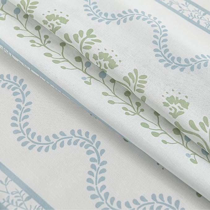 Light Blue Green Floral Vintage Curtains, Cute Whimsical Shabby Chic Curtain for Living Room Bedroom, Block Print Pattern Linen Sheer French Country Cottage Core Curtains