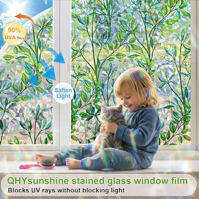 Window Privacy Film Stain Glass Window Film Rainbow Window Film Window clings Non-Adhesive Reusable Decorative for Room (Leaf Rainbow, 45.2 X 78.7 in)