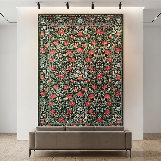 GarveeHome Green Vintage Floral Washable 6x9 Area Rugs for Living Room Boho Botanical Retro Rug Low Pile Stain Resistance Non Slip Carpet for Bedroom Nursery Dining Room