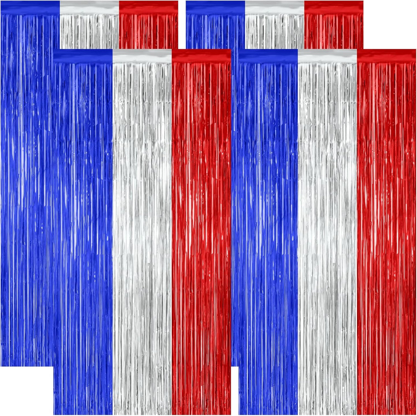 4 Pack 4th of July Decorations, 3.28 FT x 7.05 FT Independence Photo Backdrop, Metallic Blue Silver Red Backdrop Curtains Fringe Curtains Party Streamer, Patriotic Decor Fourth of July Party Supplies