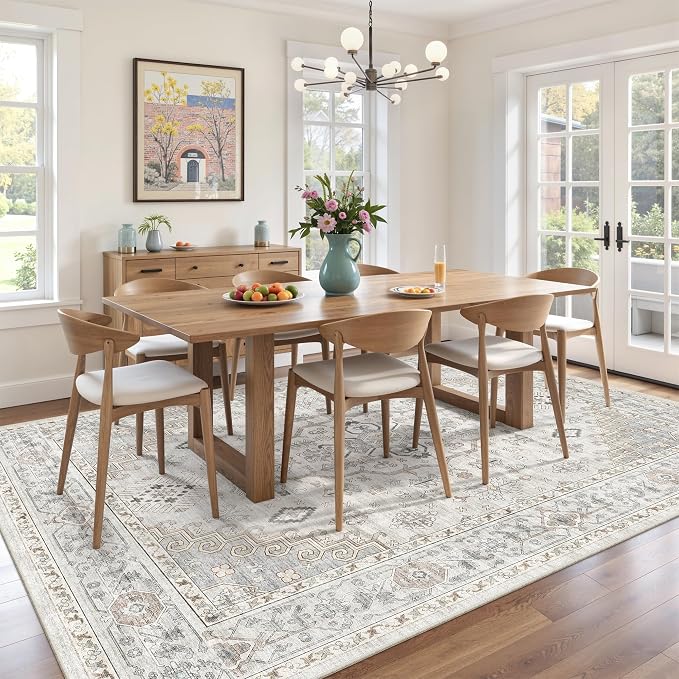 befbee 6x9 Area Rugs for Living Rooms, Stain Resistant Neutral Washable Rugs for Dining Rooms, Floral Vintage Non-Slip Thin Large Size Area Rug(Light Grey)