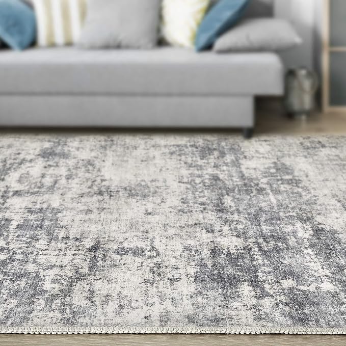 Abstract 10x14 Area Rug: Machine Washable Non Slip Ultra Thin Low-Pile Carpet, Soft Stain Resistant for Living Dining Room Bedroom, Kid Pet Friendly, Robot Vacuum Compatible - Grey Beige