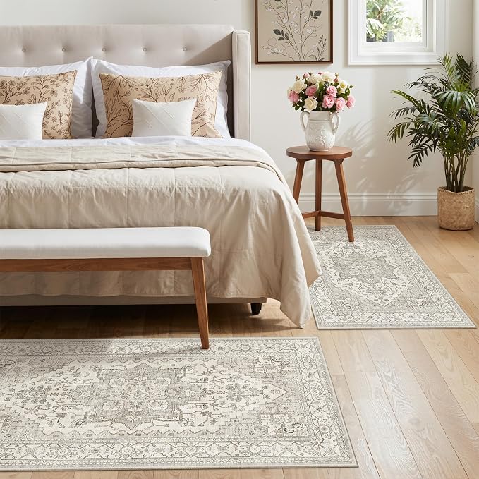 Madane 2-Piece Area Rugs Set, Small Kitchen Runner Non-Slip, Beige/Brown | Rug Runners Vintage Door Mat Indoor Entrance, Low Pile Floor Carpet for Inside Front Bedroom Entryway Entry Laundry 2x3+2x4
