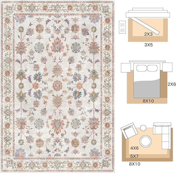 Tangsoo 2x3 Small Throw Rugs for Entryway Washable Entry Rug Non Slip, Vintage Floral Indoor Rugs Distressed White Small Carpet Soft Low Pile Boho Door Mat for Entrance Bedroom Kitchen Foyer Decor