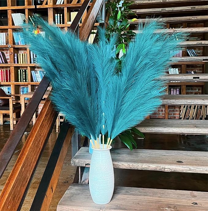 Premium Faux Dark Green Pampas Grass – 43.3" Tall Fluffy Decor, 8pcs 18-Branch One-Piece Stems No Assembly, Luxury Silk-Feel Feather Flowers for Boho Botanical Jungle Home Decor (Forest Green, 110cm)