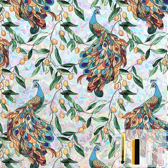 Kromapolis Window Privacy Film, Stained Glass Sticker Floral Window Clings, Decorative Static Clings UV Blocking Colorful Decals, Removable Vinyl Covering Rainbow Peacock, 17.5'' x 78.7''
