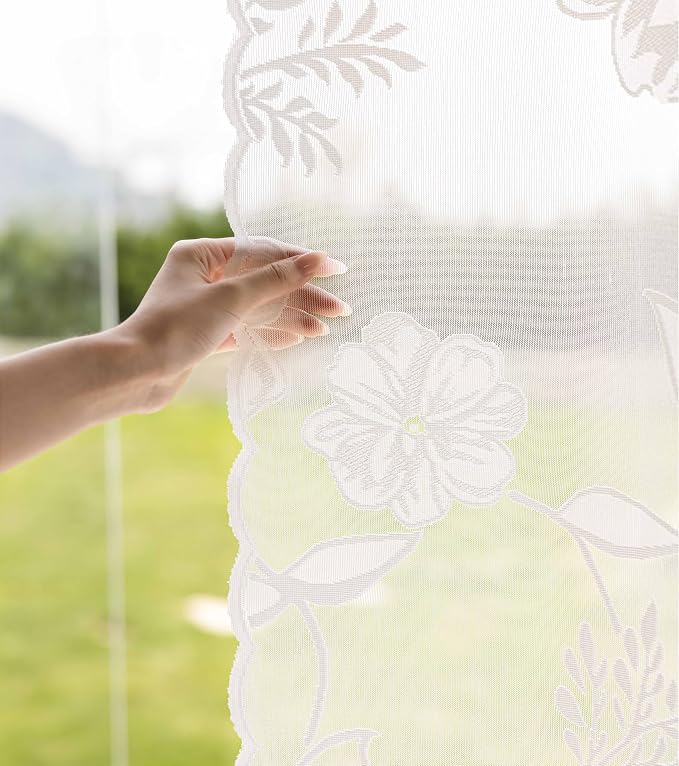 Semi-Sheer White Lace Curtains for Bedroom 95 inch Long Country Chic Rose Floral Embroidered Sheer Curtain Panels for Living-Room Leaf Window Drapes with Scalloped Edge 54"w 1 Pair Rod Pocket 96 8ft