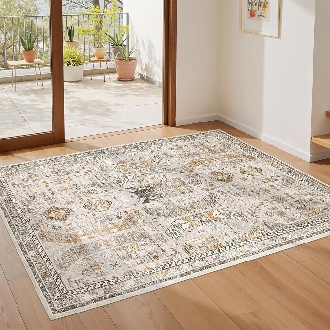 befbee 4x6 Rugs for Living Room Bedroom,Non-Slip Washable Rug,Stain Resistant Lightweight Area Rugs for Dining Room,Ultra-Thin Indoor Floor Carpet (Brown/Gold, 4'x6')