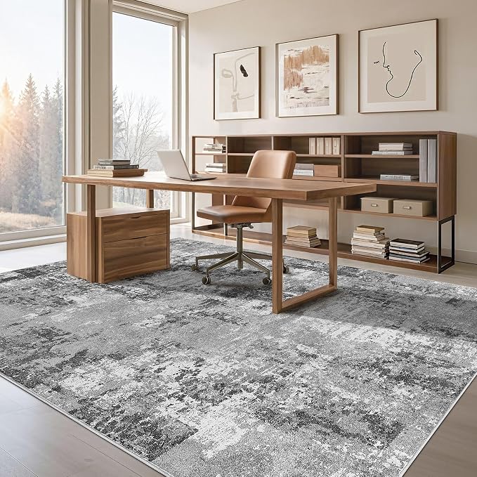 Tortania Washable 8x10 Area Rug for Living Room: Modern Abstract Neutral Large Soft Thin Rugs - Non Slip Indoor Carpet for Bedroom Dining Room Office Nursery Home Floor Decoration - Grey