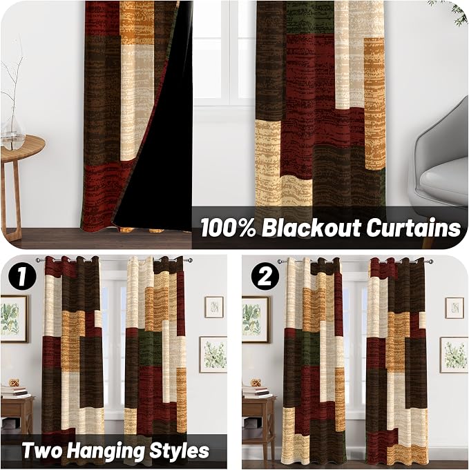 Tyrot Brown Red Vintage 100% Blackout Curtains for Bedroom 84 inch Length 2 Panels Set Modern Abstract Geometric Black Out Curtains Insulated Room Darkening Window Drapes for Living Room, 52Wx84L