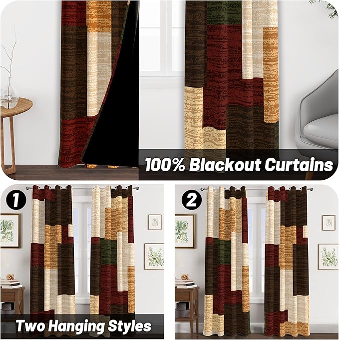Tyrot Brown Red Vintage 100% Blackout Curtains for Bedroom 96 inch Length 2 Panels Set Modern Abstract Geometric Black Out Curtains Insulated Room Darkening Window Drapes forLiving Room, 52Wx96L