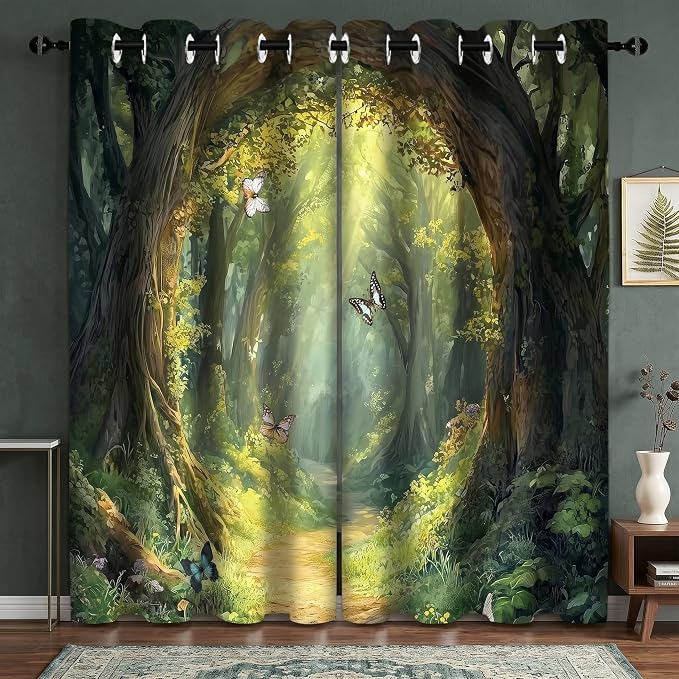 iTapnoom Enchanted Forest Blackout Curtain, Butterfly Nature Lanscape Scene Window Curtains Darkening Thermal Insulated Window Drapes for Living Room Bedroom Decor 2 Panels 52x84 Inches