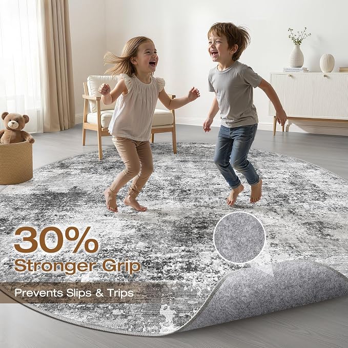 8ft Round Rug Living Room: 8x8 Washable Large Neutral Circle Area Rug Abstract Soft Modern Stain Resistant Indoor Floor Non-Slip Carpet for Bedroom Nursery Kids Office Playroom Dining Room- Black Gray