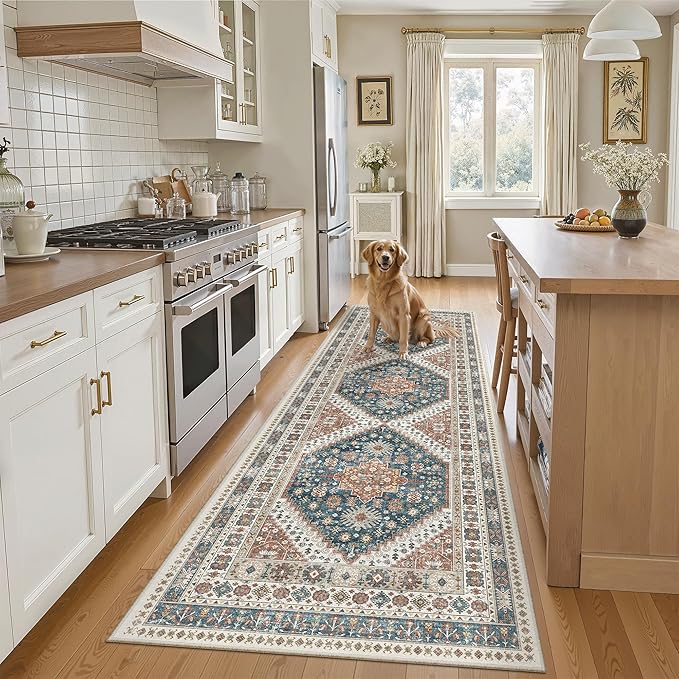 Madane Kitchen Runner 2'6''x8' Soft Rug Runners for Hallways, Navy Blue | Vintage Machine Washable Rugs 2.5x8 Ft, Non-Slip Low Pile Stain-Resistant 8ft Floor Carpet for Laundry Room, Corridor