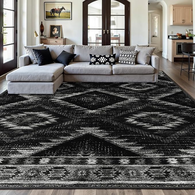 BESTSWEETIE Area Rug 9x12 Rug Machine Washable Non-Slip Low Pile Print Pattern Western Rug for Living Room Bedroom Entryway Tribal Series -Black