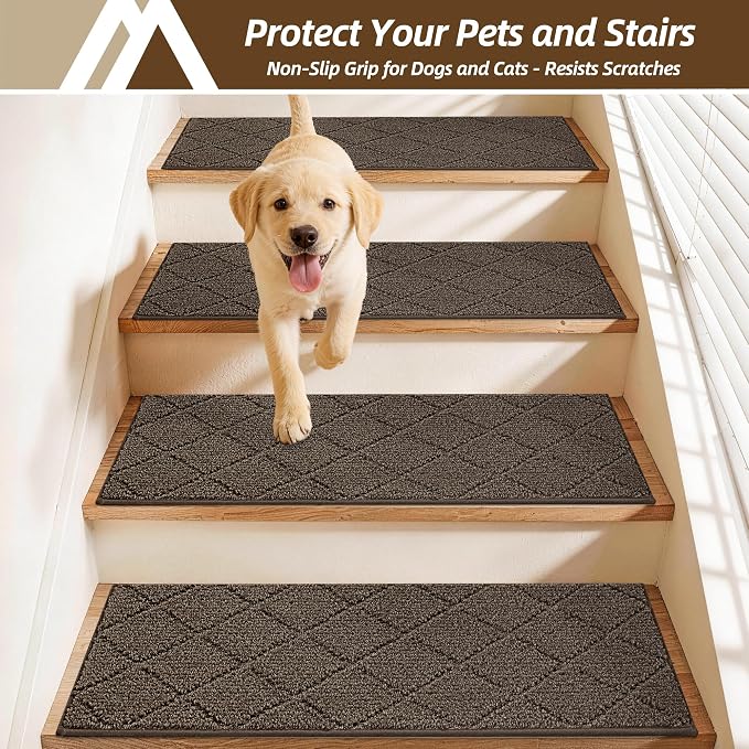 COSY HOMEER Stair Treads for Wooden Steps 11"x30" Washable Indoor Carpet Stair Treads Non Slip Soft Polyester Stair Carpet Tread Reusable Stair Runner Rugs for Kids, Elders,Pets,Brown,4pcs