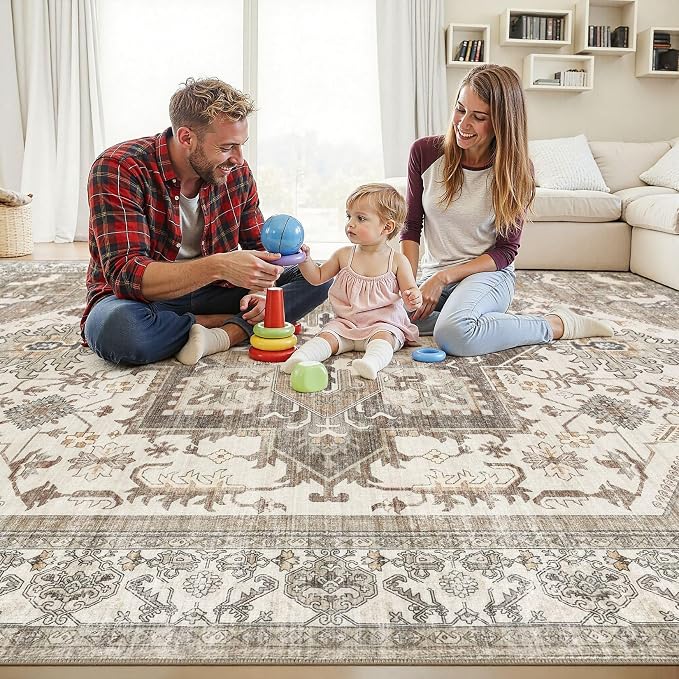 10x14 Area Rug for Living Room- Machine Washable Soft Oriental Vintage Large Indoor Floor Carpet for Bedroom Under Dining Table Home Office Decor - Beige Brown