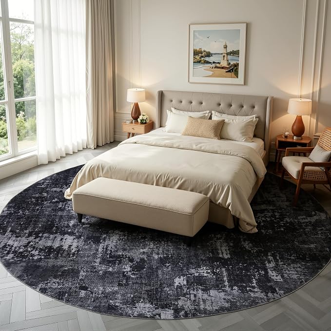 Sasttie 8ft Soft Round Area Rug, Modern Abstract Washable Large Circle Carpet for Living Room, Bedroom, Dining Room Table, with Non-Slip Backing, Black and Grey