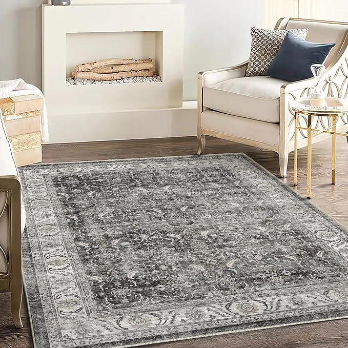 CHAMPLANT Washable Area Rug 3'x5' Vintage Traditional Floor Cover Foldable Thin Rugs Retro Kitchen Indoor Distressed Non Slip Carpet Floral Print Mat Bedroom Living Room