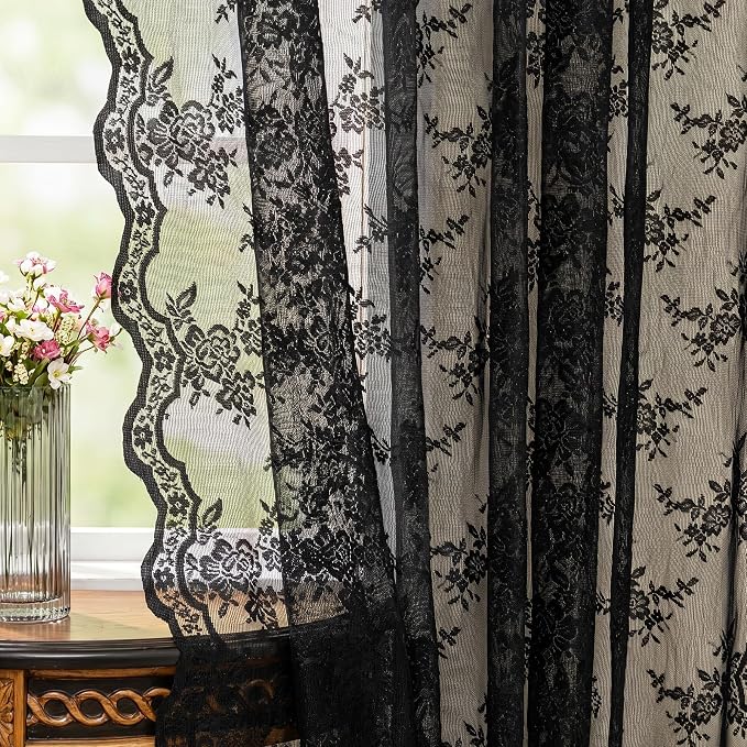 MEETSKY Lace Sheer Curtains 72 Inch Long Black Goth Victorian Vintage Spooky Halloween Holiday Party Decor for Living Room Bedroom Rod Pocket Light Filtering Drapes, 50" W Each Panel, 2 Pieces