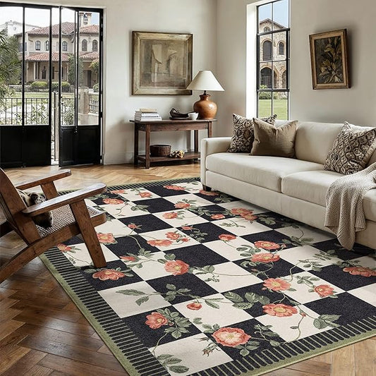 HUGEAR 6x9 Checkered Area Rugs Machine Washable Black and White Living Room Rug Floral Print Non-Slip Stain Resistant Low Pile Indoor Throw Carpet for Bedroom Home Unique Aesthetic Modern Decor