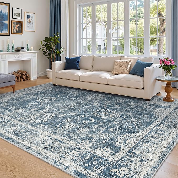 Madane Washable 6x9 Area Rugs for Living Room, Vintage Rug with Non-Slip Backing, Soft Stain Resistant Throw Rugs Thin Carpet for Bedroom Dining Room Farmhouse (6 x 9, Blue)
