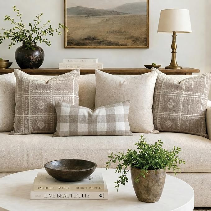 BlissBlush Decorative Throw Pillow Covers 20x20 Set of 2, Boho Textured Chenille Accent Throw Pillow Covers for Couch Sofa Bed Living Room Home Décor Taupe (Cover Only)