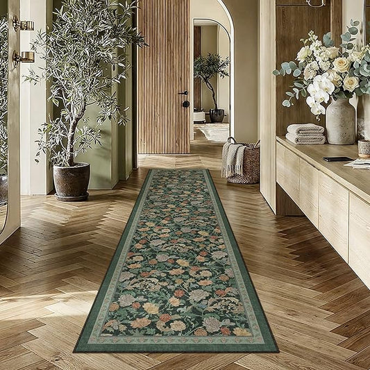 HUGEAR Retro 2x8 Runner Rugs Washable Hallway Rug Vintage Floral Throw Carpet Dark Green Stain Resistant Non Slip Low Pile for Home Aesthetic Modern Decor