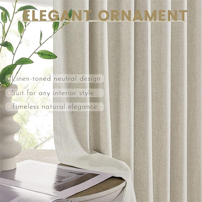 Linen Blackout Curtains 35 Inch Long for Bedroom & Living Room, Natural Drapes Pinch Pleat Noise Reducing Thermal Insulated Room Darkening Black Out Curtain 2 Panels Set with Back Tab
