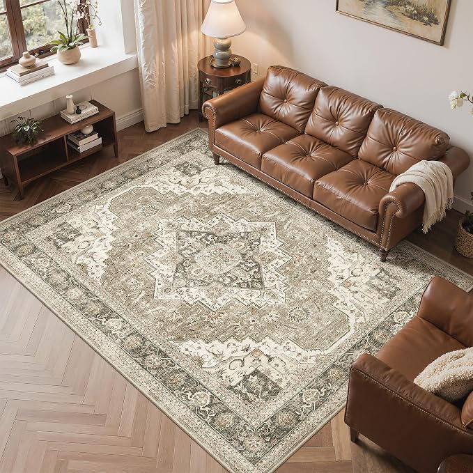Roxstand 6x9 Area Rugs for Living Room, Washable Rug with Non-Slip Backing, Ultra-Thin Rugs for High-Traffic Areas, Super-Soft Floral Vintage Farmhouse Large Area Rug (Brown/Beige, 6'x9')