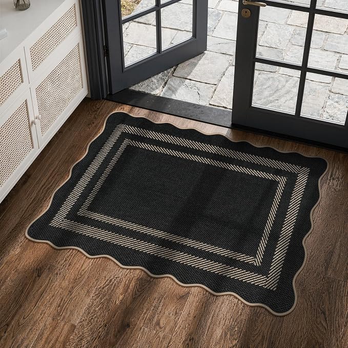 LIVEBOX Scalloped Easy Jute 2x3 Kitchen Rug, Black Front Door Mat Small Indoor Outdoor Rug for Entryway, Washable Non Slip Farmhouse Area Rugs, Tan Neutral Carpet Doormat for Porch Doorway Foyer