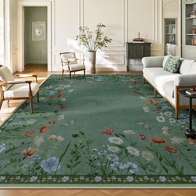 8x10 Area Rugs, Machine Washable Low Pile Floral Rugs for Living Room, Bedroom, Large Area Rug with Non-Slip Backing for Dining Room(Green)