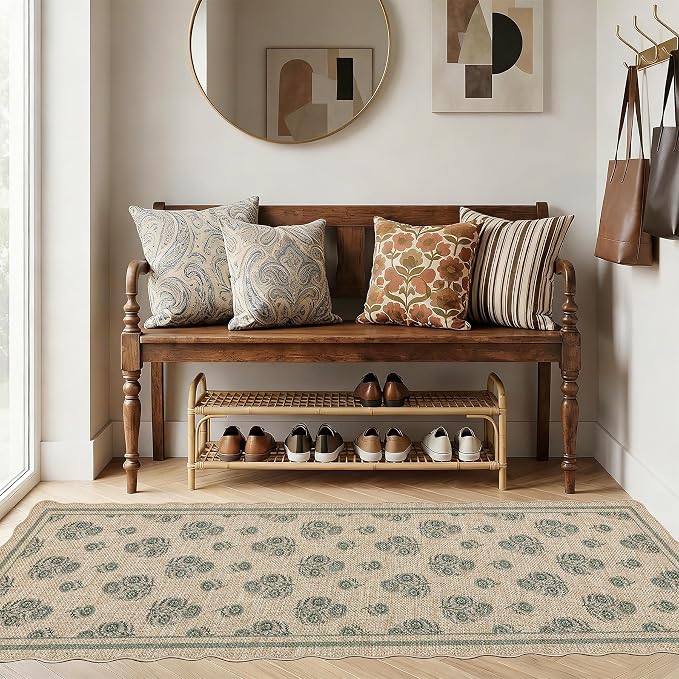 ORTIGIA Scalloped Easy Jute 2x6 Kitchen Runner Rug Vintage Green Floral Accent Farmhouse Washable Rug Non-Slip Outdoor Carpet for Entryway Indoor Hallway Patio Laundry Room