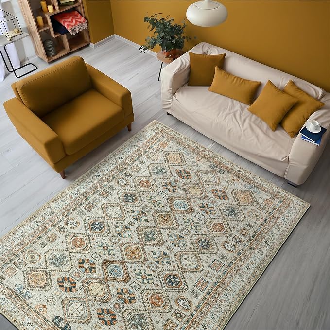 Keen Home Design 5x7 Rug - Machine Washable Area Rug with Non-Slip Backing, Ideal for Living Room, Dining Room, Bedroom - Vintage, Easy Clean, Durable, Low Pile Rug - (5' x 7')