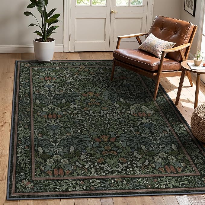GENIMO 4x6 Washable Area Rug for Bedroom, Non Slip, Dark Green | Vintage Boho Floral Low Pile Thin Carpet for Bedroom, Dining Room, Nursery, Indoor Decor